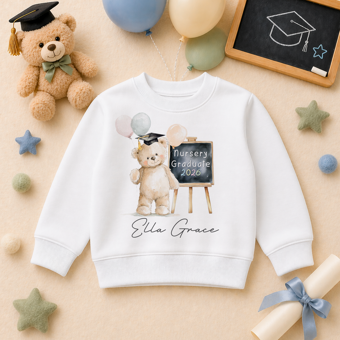 Personalised Nursery Graduation 2026 Kids Sweatshirt Teddy Bear Balloons Chalkboard