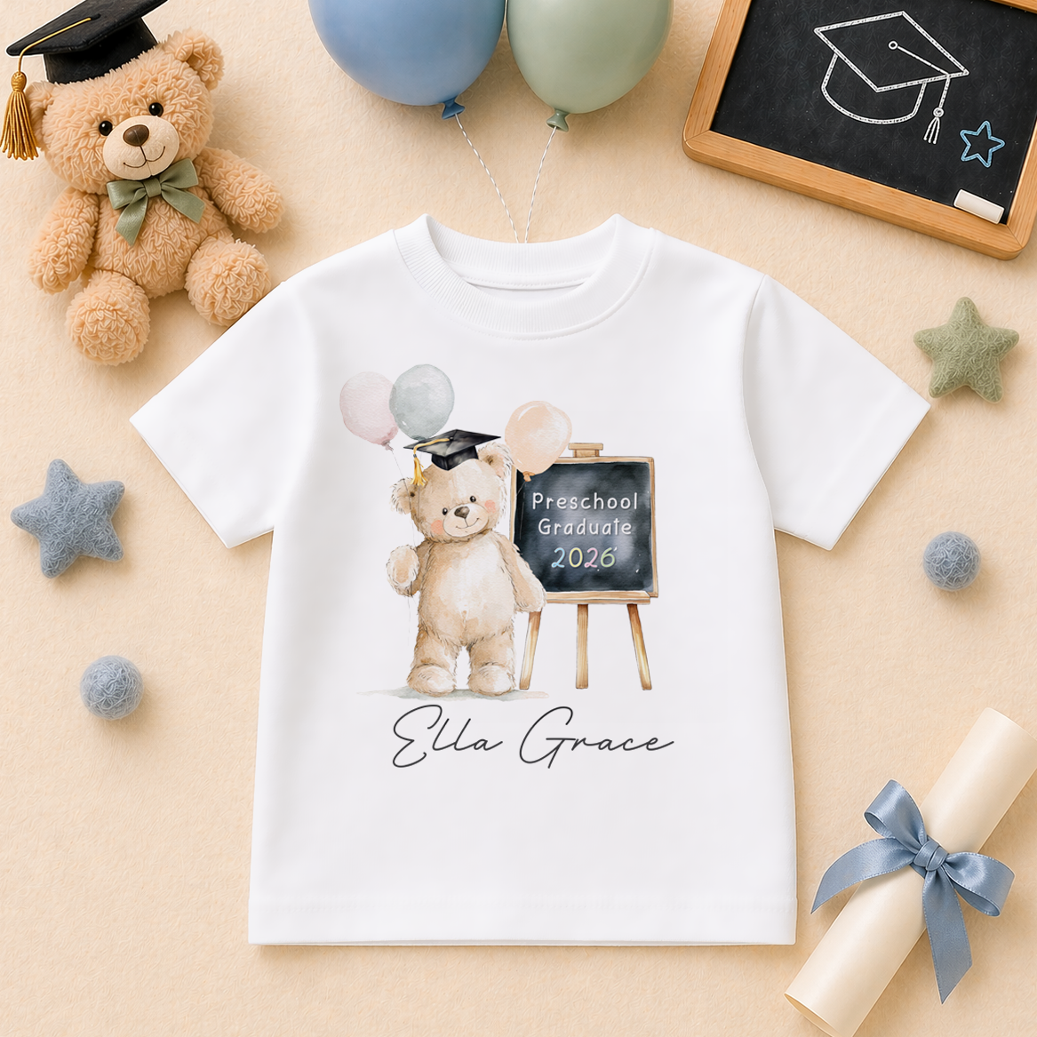 Personalised Preschool Graduation 2026 Kids T-Shirt Teddy Bear Balloons Chalkboard