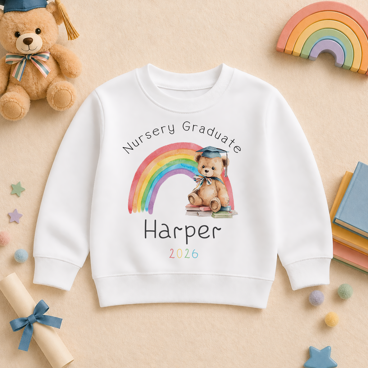Personalised Nursery Graduation 2026 Kids Sweatshirt Rainbow Pastel Teddy Bear