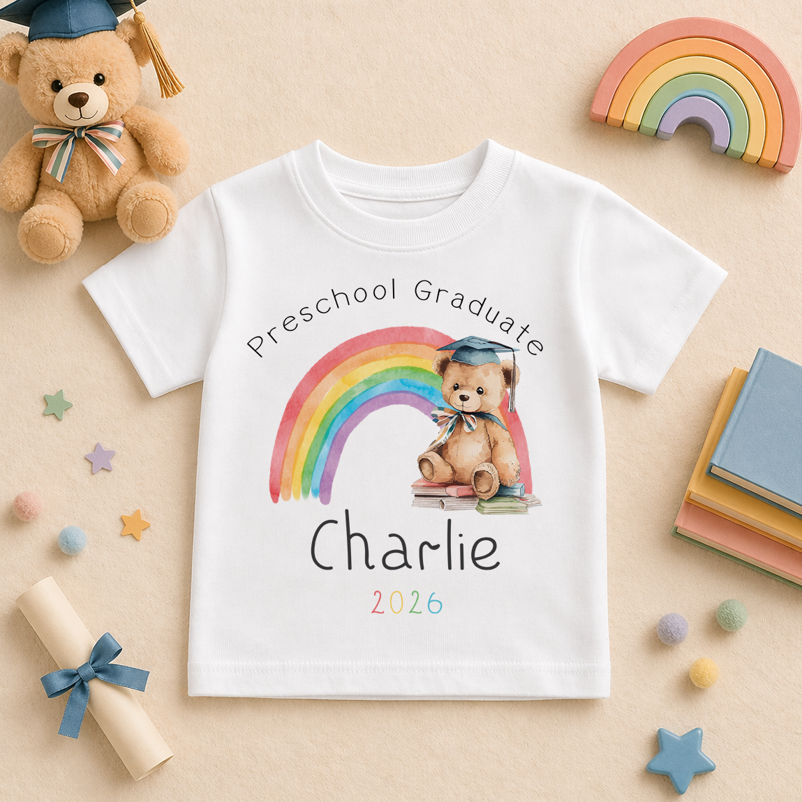 Personalised Preschool Graduation 2026 Kids T-Shirt Rainbow Pastel Teddy Bear