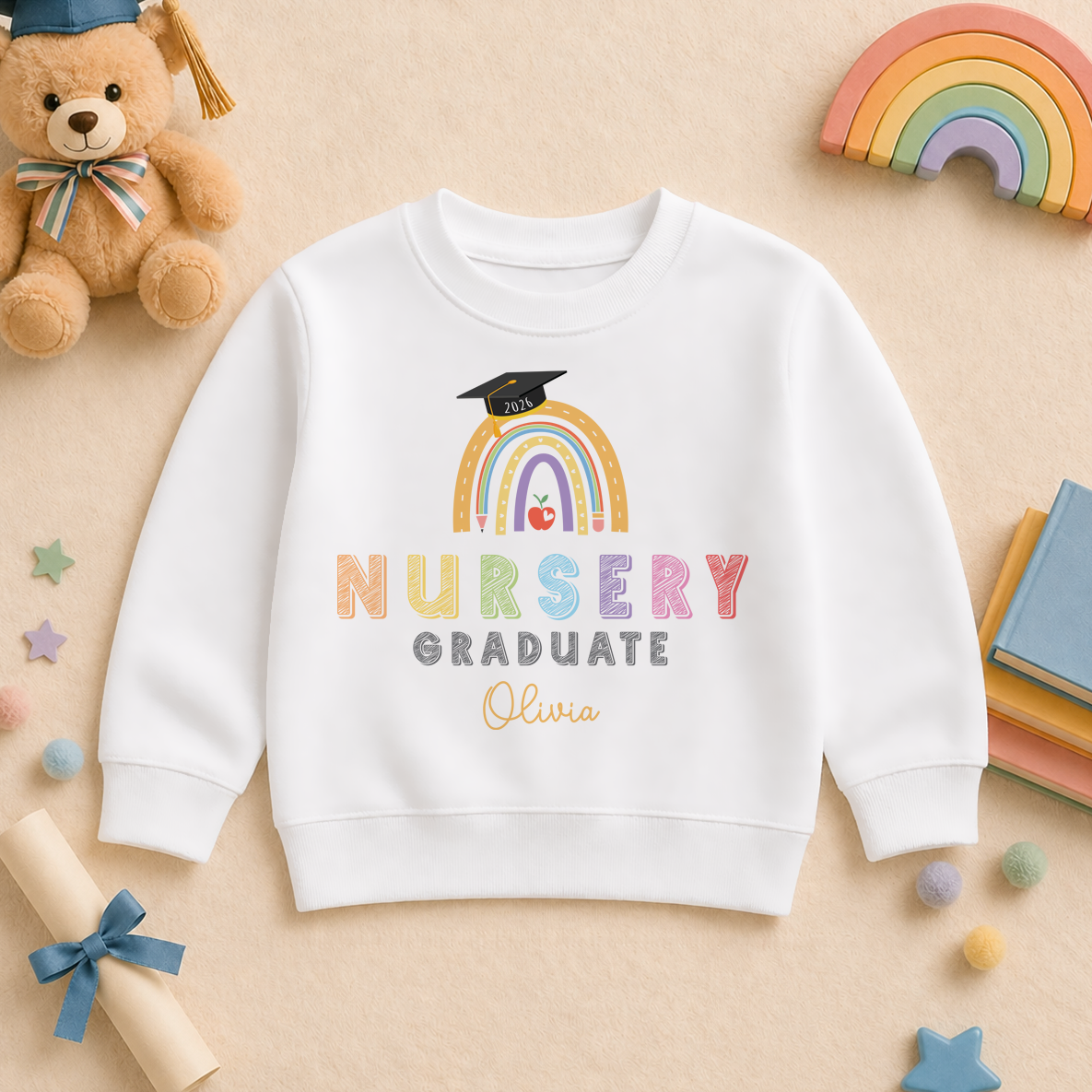 Personalised Nursery Graduation 2026 Kids Sweatshirt Rainbow Pastel Mortarboard