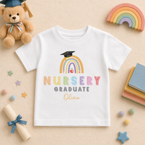 Personalised Nursery Graduation 2026 Kids T-Shirt Rainbow Pastel Mortarboard