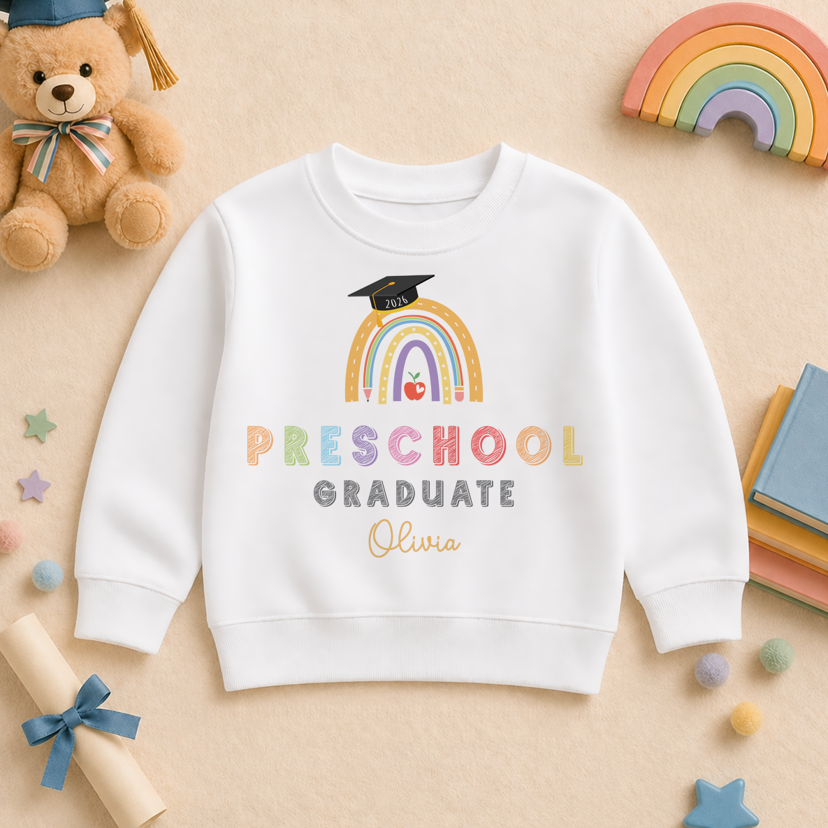 Personalised Preschool Graduation 2026 Kids Sweatshirt Rainbow Pastel Mortarboard