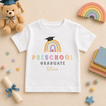 Personalised Preschool Graduation 2026 Kids T-Shirt Rainbow Pastel Mortarboard