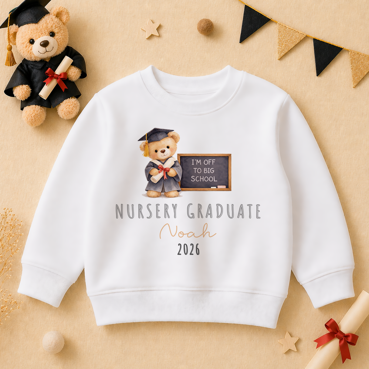 Personalised Nursery Graduation 2026 Kids Sweatshirt Teddy Bear Scroll Chalkboard