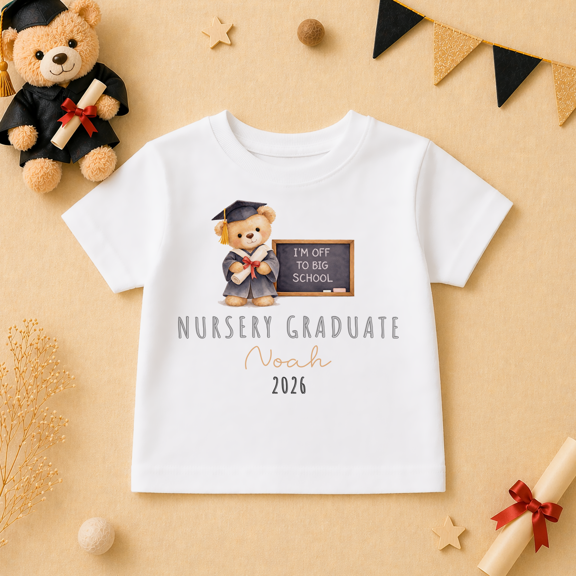 Personalised Nursery Graduation 2026 Kids T-Shirt Teddy Bear Scroll Chalkboard