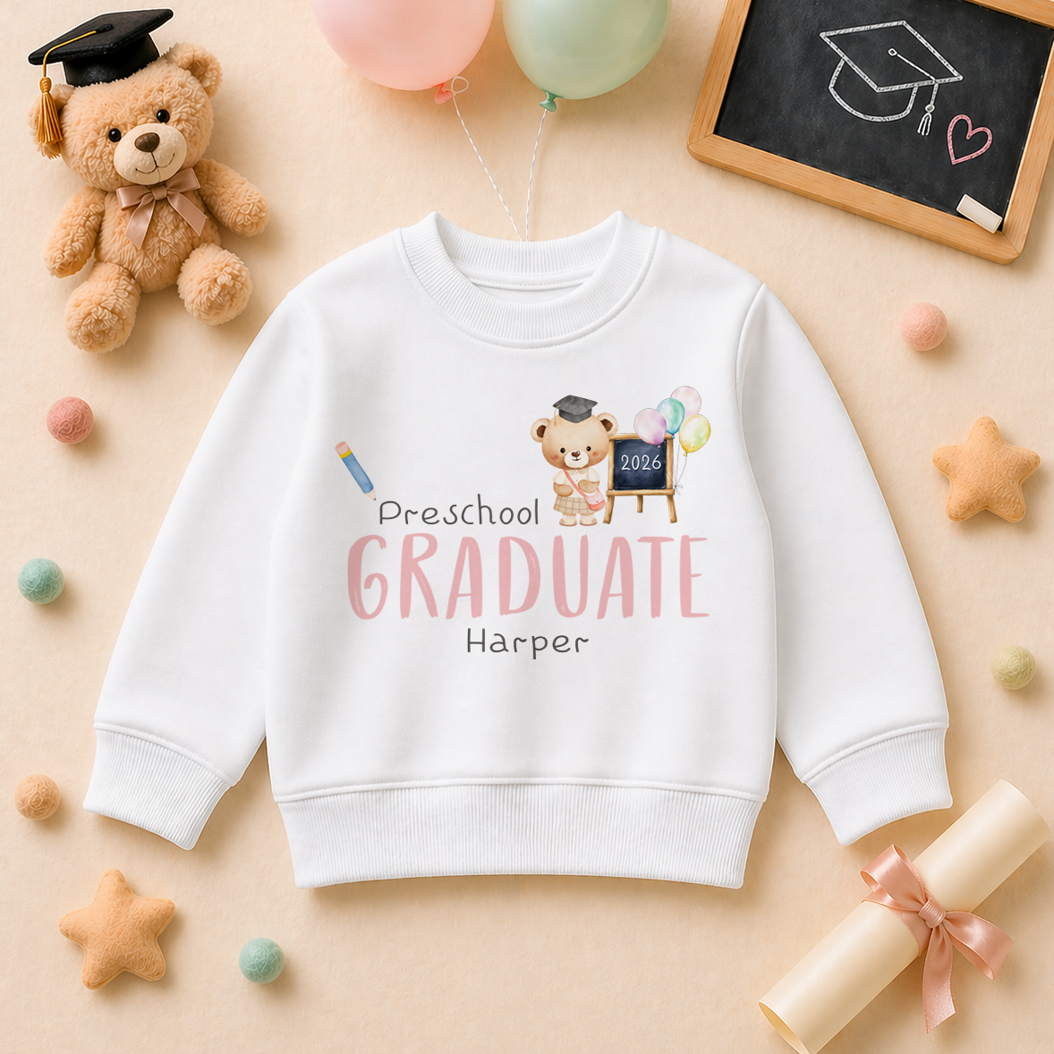 Personalised Preschool Graduation 2026 Kids Sweatshirt Pink Teddy Bear Pencil Balloons