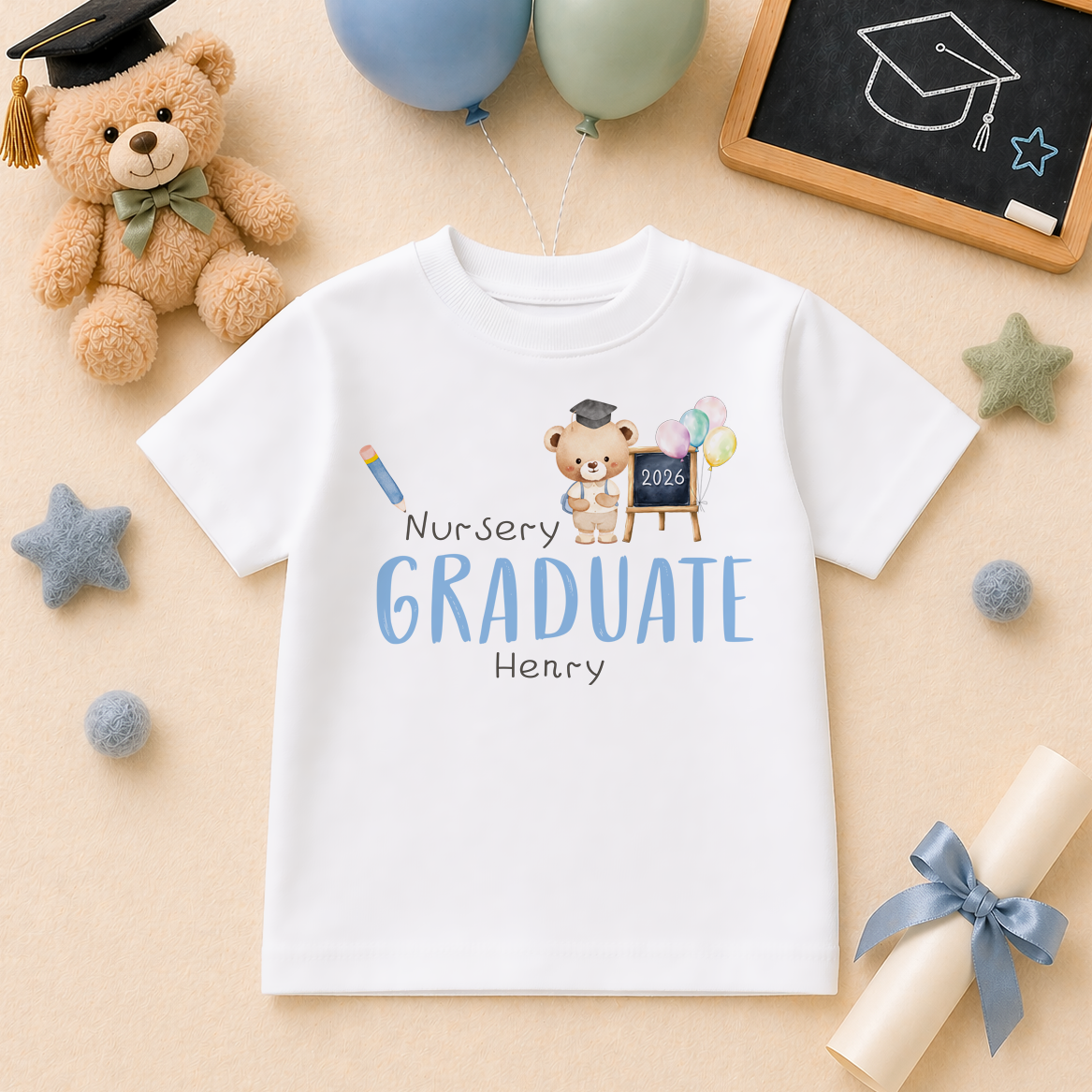 Personalised Nursery Graduation 2026 Kids T-Shirt Blue Teddy Bear Pencil Balloons