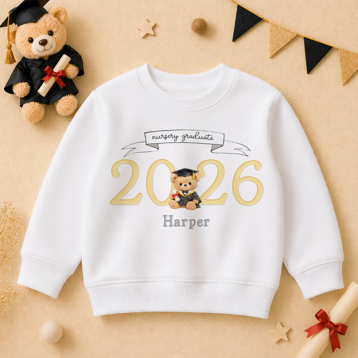 Personalised Nursery Graduation 2026 Kids Sweatshirt Big 2026 Yellow Teddy Bear