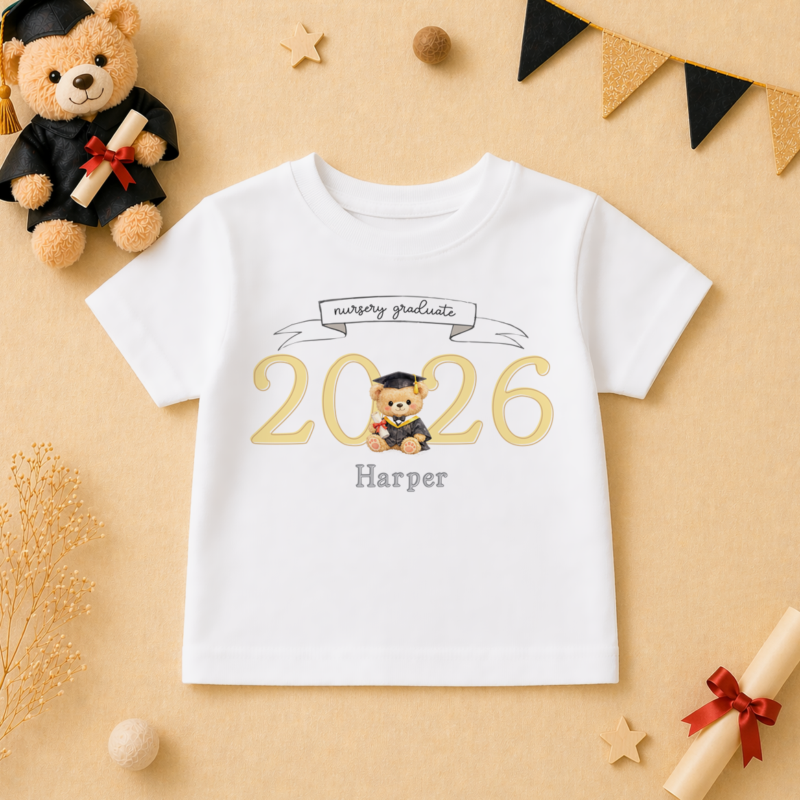 Personalised Nursery Graduation 2026 Kids T-Shirt Big 2026 Yellow Teddy Bear