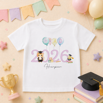 Personalised Graduation 2026 Kids T-Shirt Pink Grad 2026 Balloons Teddy Bears
