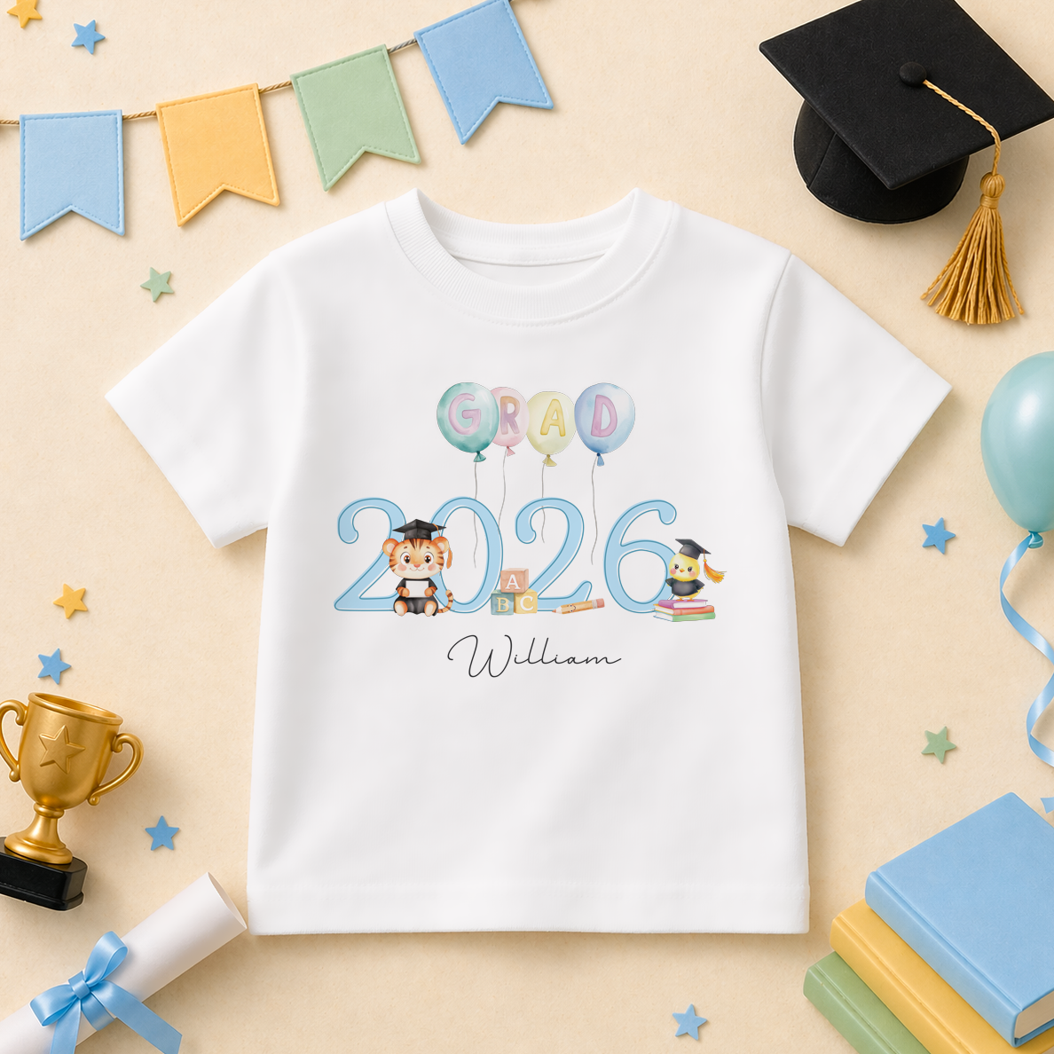 Personalised Graduation 2026 Kids T-Shirt Blue Grad 2026 Balloons Teddy Bears