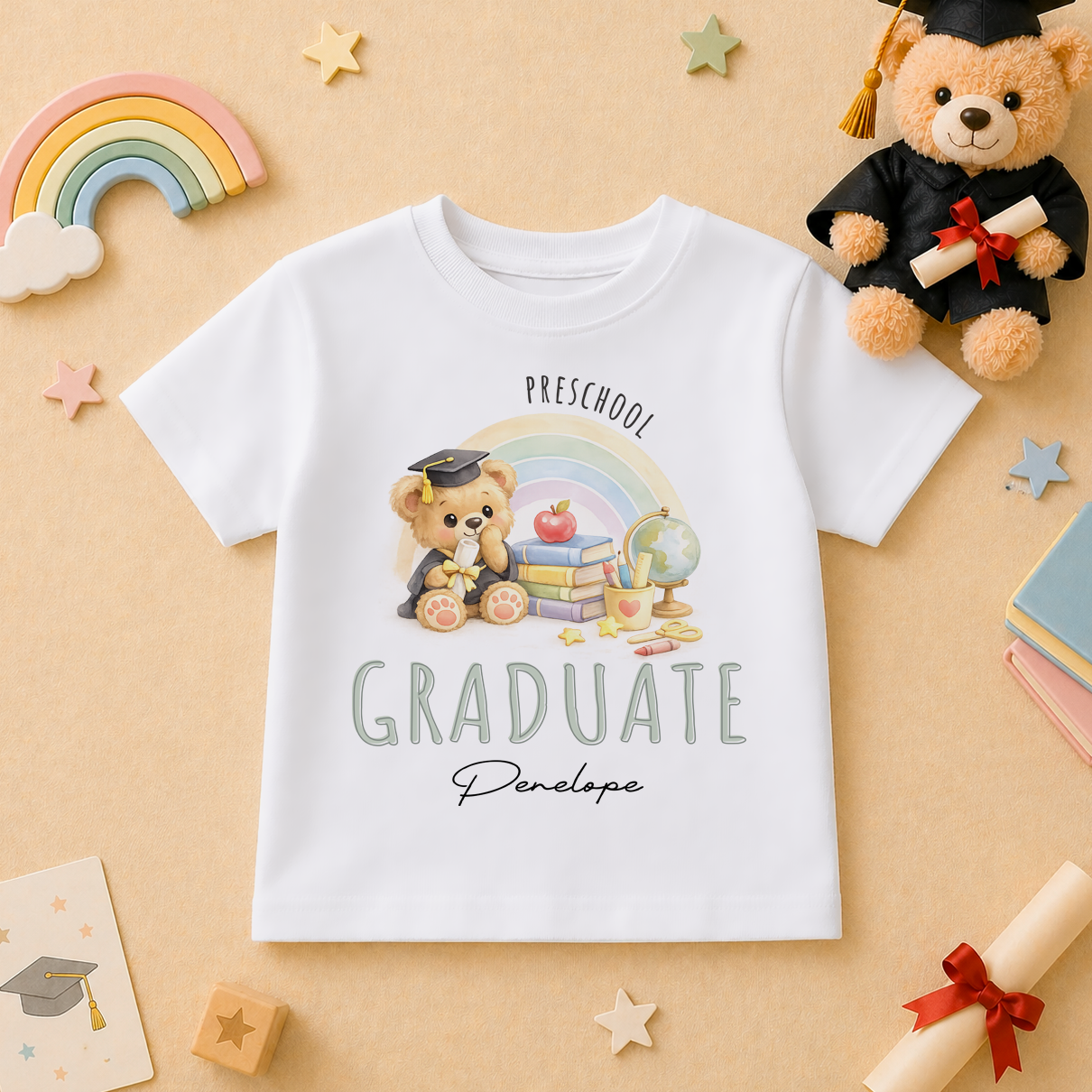 Personalised Preschool Graduation 2026 Kids T-Shirt Watercolour Teddy Bear Books Globe