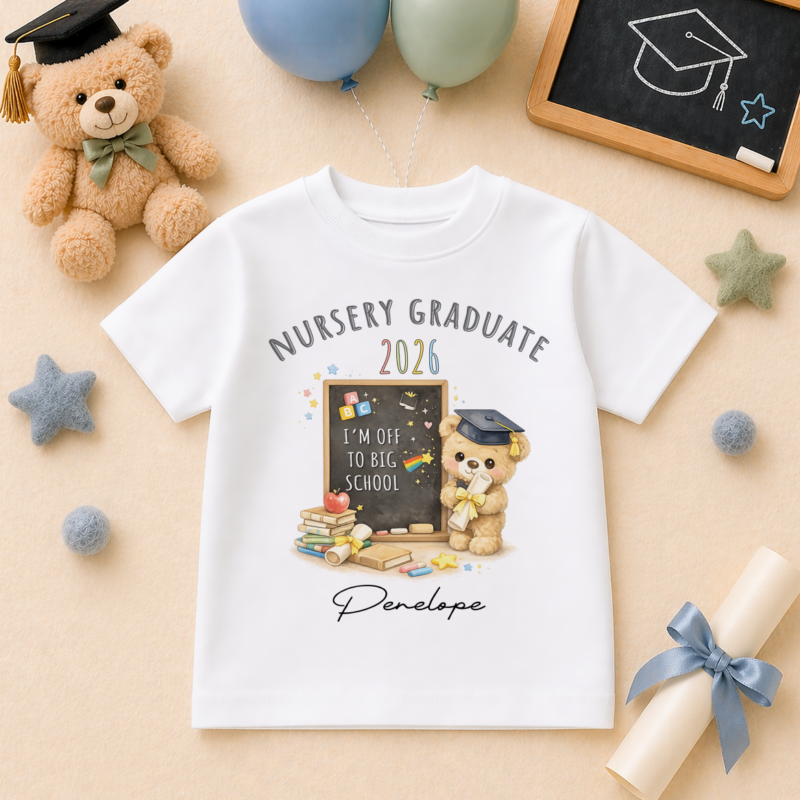 Personalised Nursery Graduation 2026 Kids T-Shirt Vintage Teddy Bear Big Chalkboard
