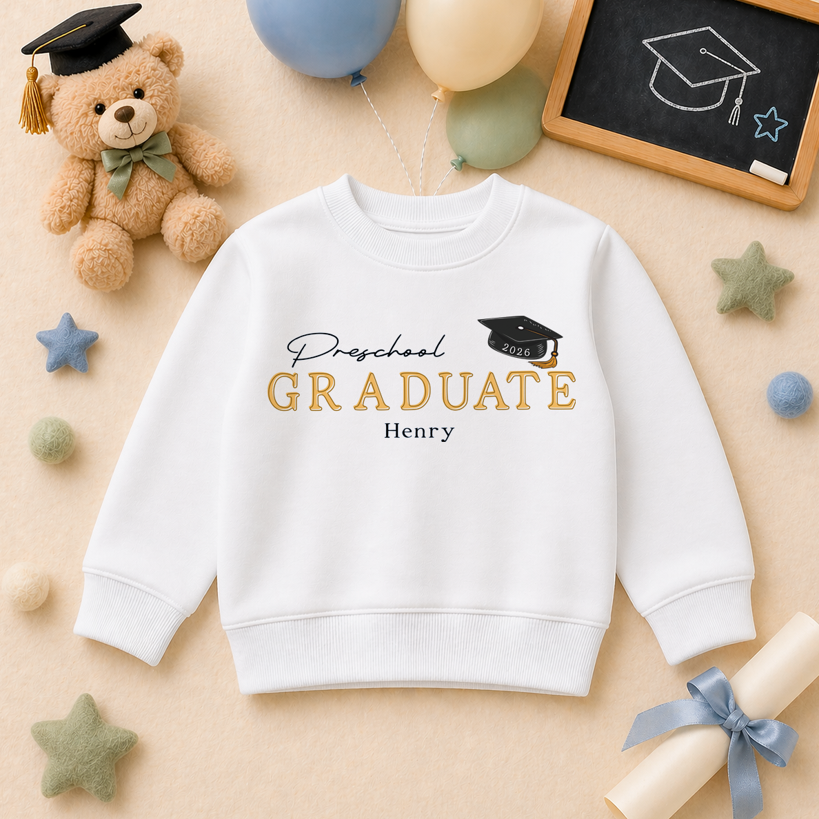Personalised Preschool Graduation 2026 Kids Sweatshirt Bold Gold Mortarboard Script
