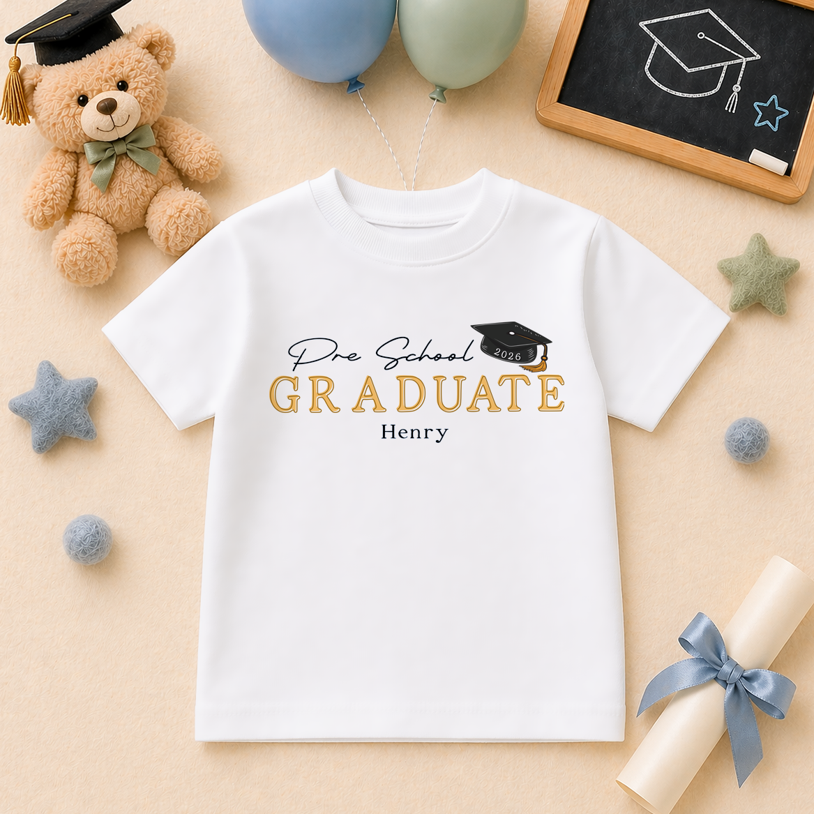 Personalised Preschool Graduation 2026 Kids T-Shirt Bold Gold Mortarboard Script