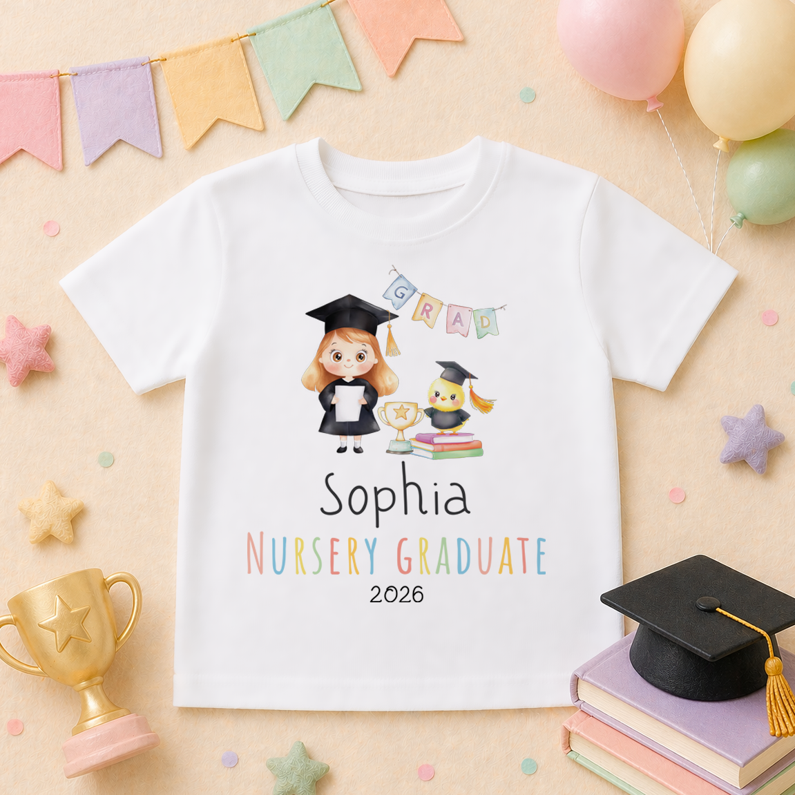 Personalised Nursery Graduation 2026 Kids T-Shirt Cartoon Girl Graduate Bunting