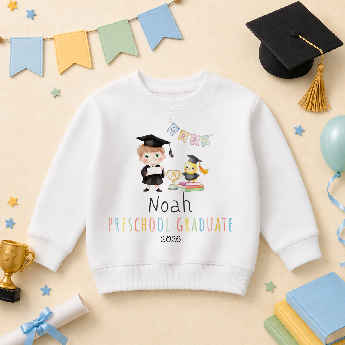 Personalised Preschool Graduation 2026 Kids Sweatshirt Cartoon Boy Graduate Bunting