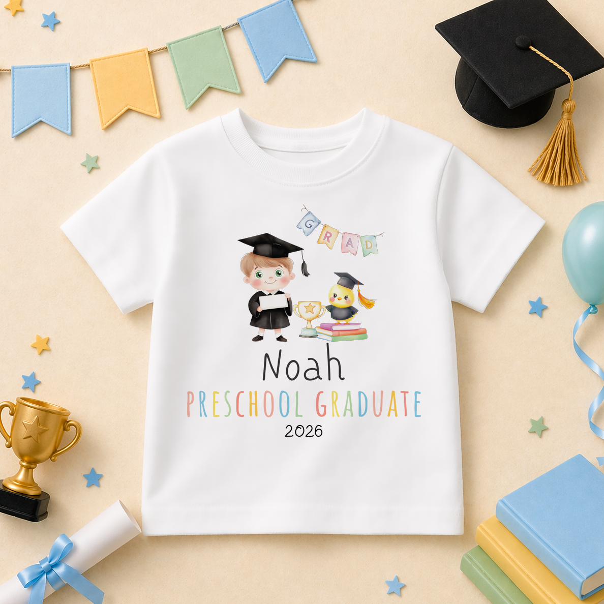 Personalised Preschool Graduation 2026 Kids T-Shirt Cartoon Boy Graduate Bunting