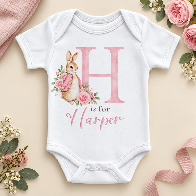 White personalised baby bodysuit with a large pink H initial, a watercolour bunny in a pink jacket with pink roses and H is for Harper as an example name