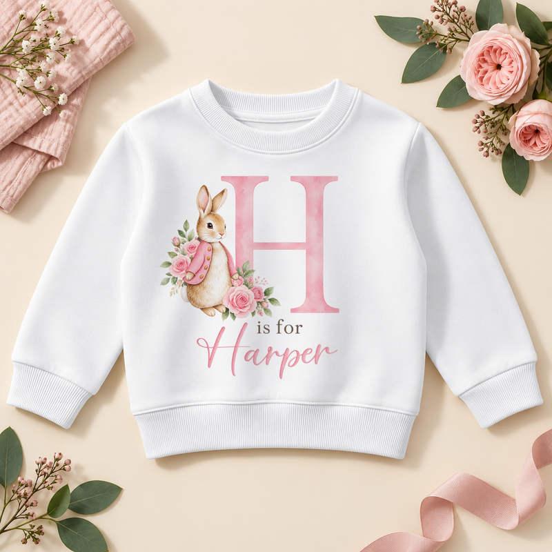 White personalised kids sweatshirt with a large pink H initial, a watercolour bunny in a pink jacket with pink roses and H is for Harper as an example name