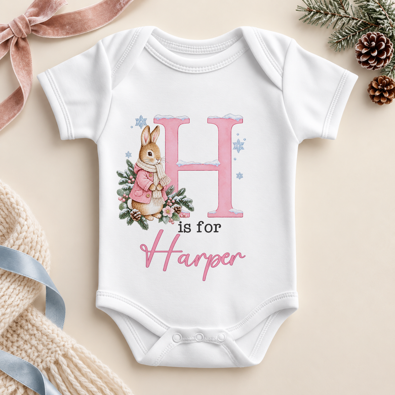 Personalised Pink Initial Winter Bunny Baby Vest Bodysuit with Name; example name shown.