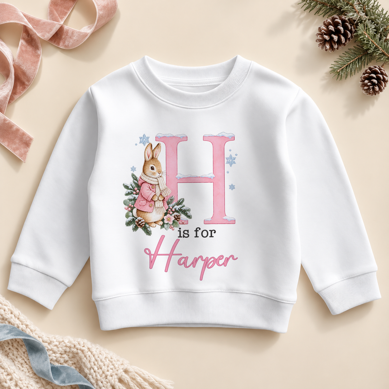 Personalised Kids Pink Initial Winter Bunny Sweatshirt for Girls with Name; example name shown.