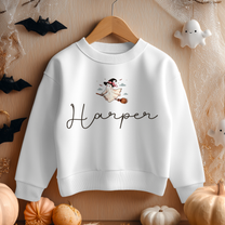 Personalised Flying Pink Witch Ghost Halloween Sweatshirt for Girls & Kids