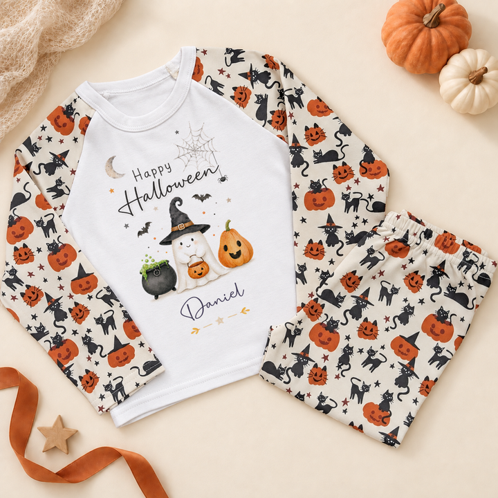 Personalised Happy Halloween Ghost, Cauldron & Pumpkin Pyjamas for Kids