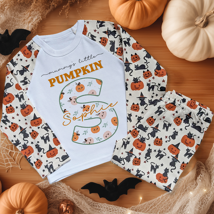 Personalised Halloween Mummy's Little Pumpkin & Cat Pyjamas for Kids