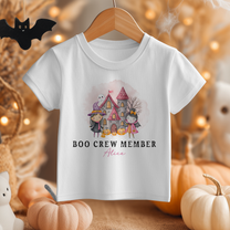 Personalised Name Girls T-Shirt Boo Crew Member Witch Castle Pumpkins Halloween for Kids Halloween Gift