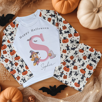 Personalised Pink Initial Witch Ghost & Cat Pumpkin Pyjamas for Kids