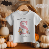 Personalised Pink Initial Witch & Ghost Halloween T-Shirt for Girls & Kids