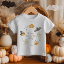 Personalised Halloween Cute Ghost & Pumpkin Wreath T-Shirt for Kids