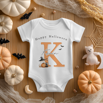 Personalised Baby Orange Initial Ghost & Cat Halloween Baby Bodysuit