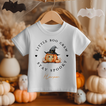 Personalised Little Boo Crew Witch Hat Pumpkin T-Shirt for Kids