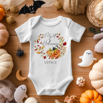 Personalised My 1st Halloween Autumn Wreath & Black Cat Baby Bodysuit for Kids