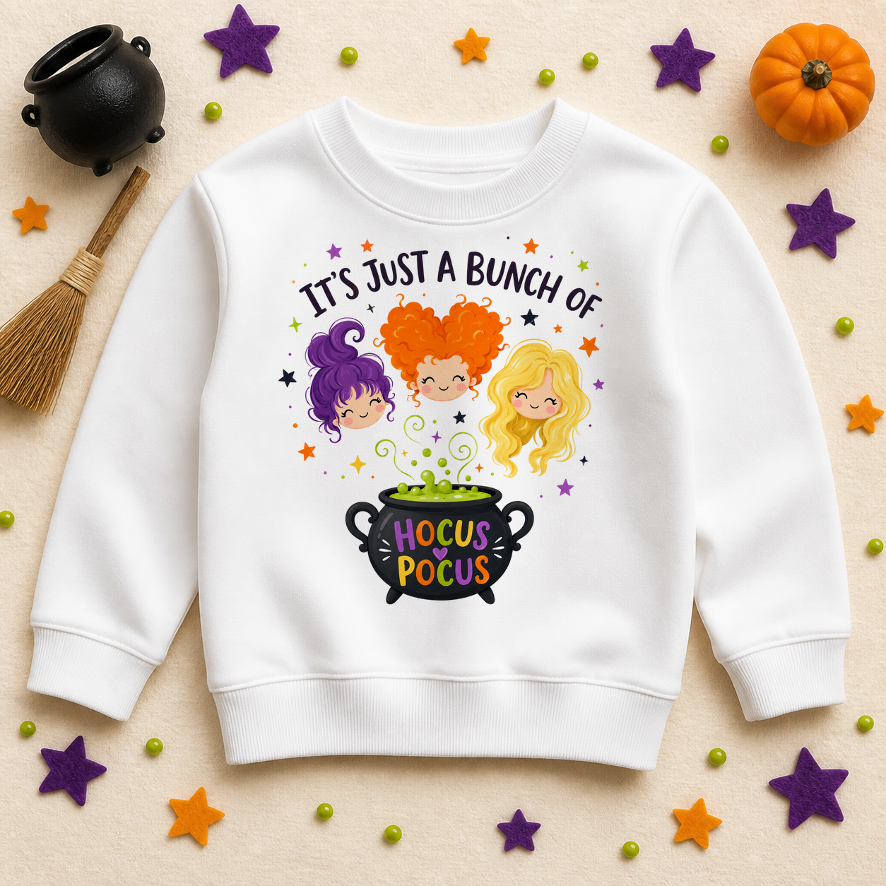 Hocus Pocus Halloween Sweatshirt for Kids, Three Cartoon Witches and Bubbling Cauldron