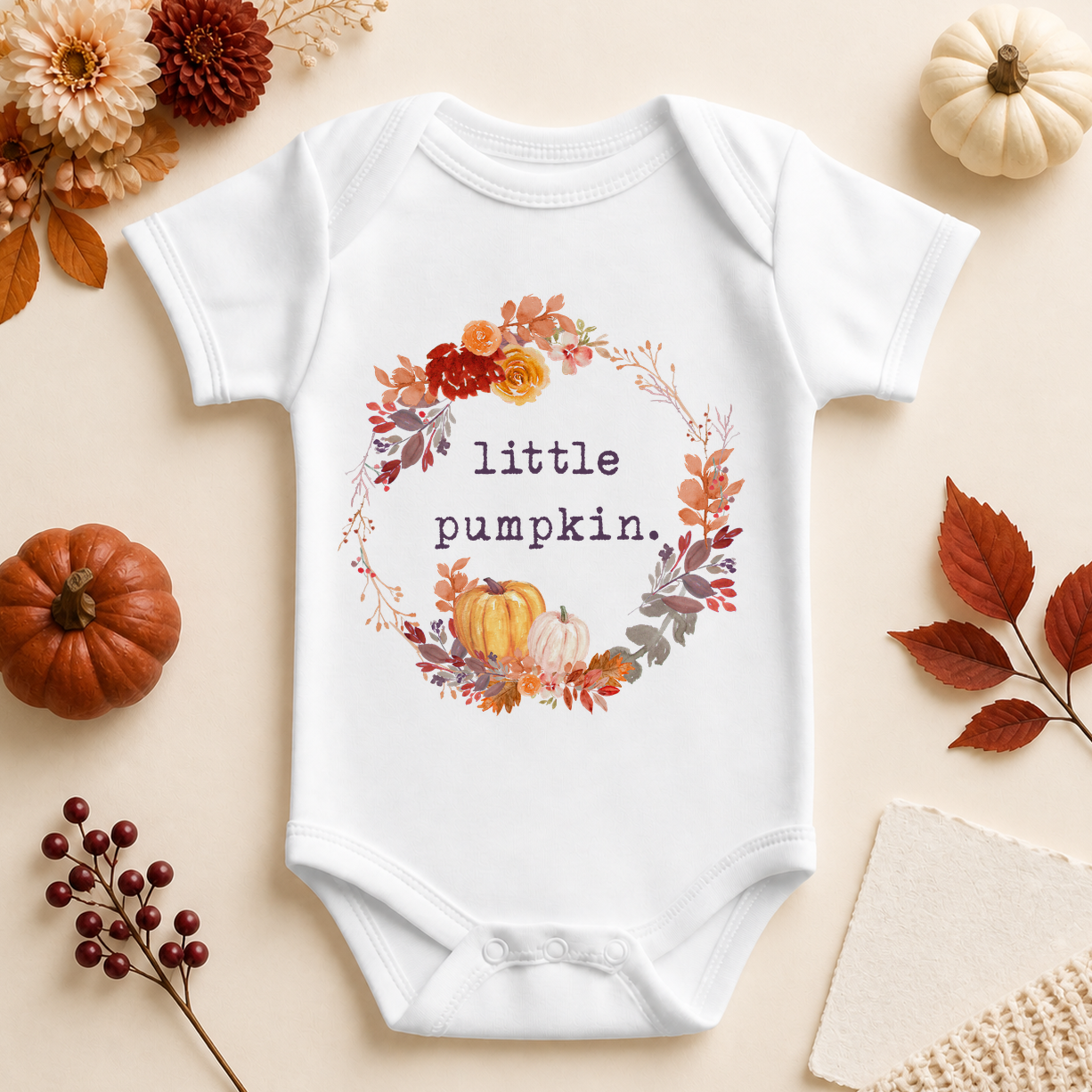 Little Pumpkin Baby Vest Bodysuit, Halloween Autumn Floral Wreath