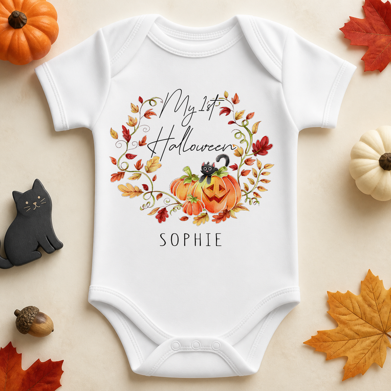 Personalised My 1st Halloween Baby Vest Bodysuit, Autumn Wreath with Pumpkin and Black Cat