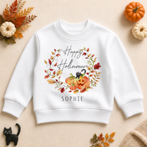 Personalised Halloween Autumn Wreath Pumpkin Cat Sweatshirt for Kids