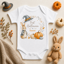 Personalised First Halloween Baby Vest Bodysuit, Bunny with Witch Hat Pumpkin Wreath