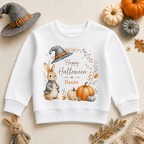 Personalised Happy Halloween Sweatshirt for Kids, Bunny with Witch Hat Pumpkin Wreath