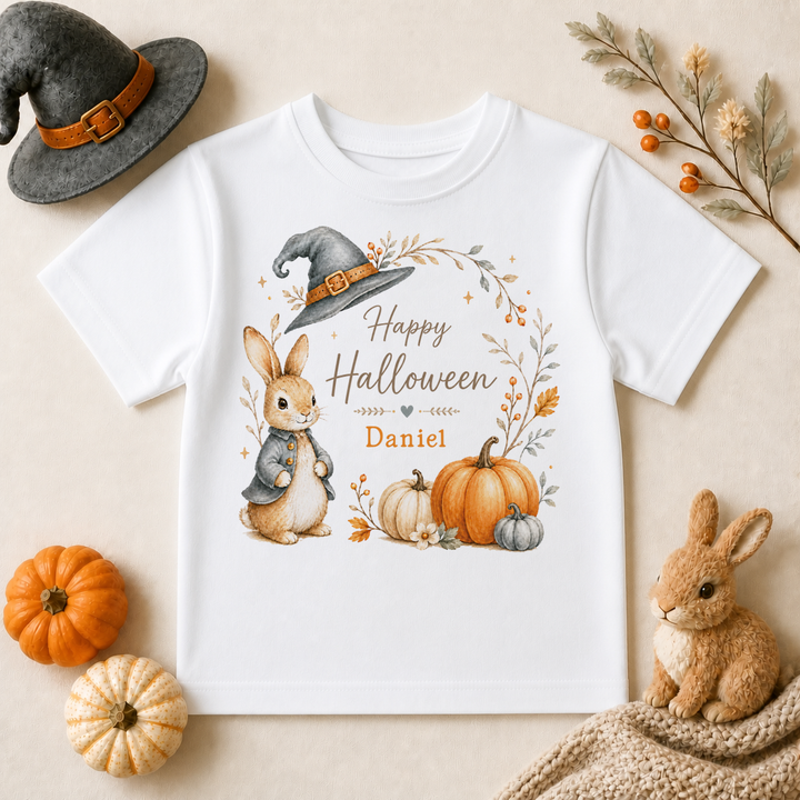 Personalised Halloween Bunny Wreath T-Shirt for Kids, Witch Hat, Blue Coat and Pumpkins