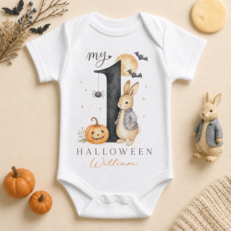 Personalised My 1st Halloween Baby Vest Bodysuit, Bunny with Number 1 and Pumpkin