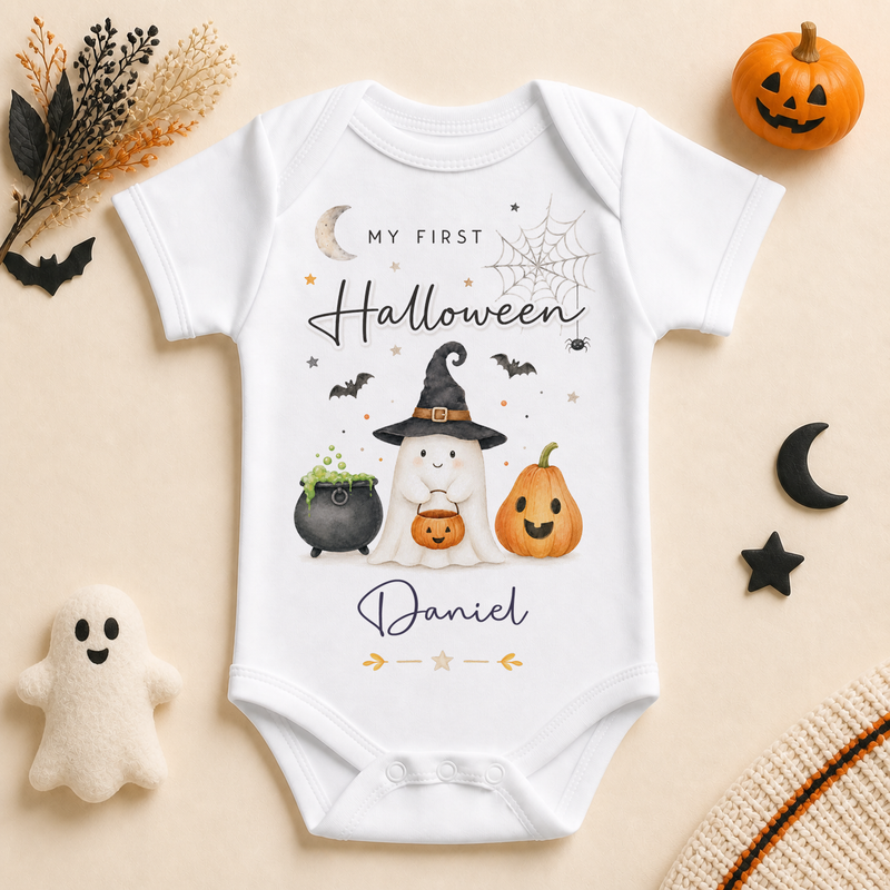 Personalised My First Halloween Baby Vest Bodysuit, Ghost in Witch Hat with Cauldron and Pumpkin