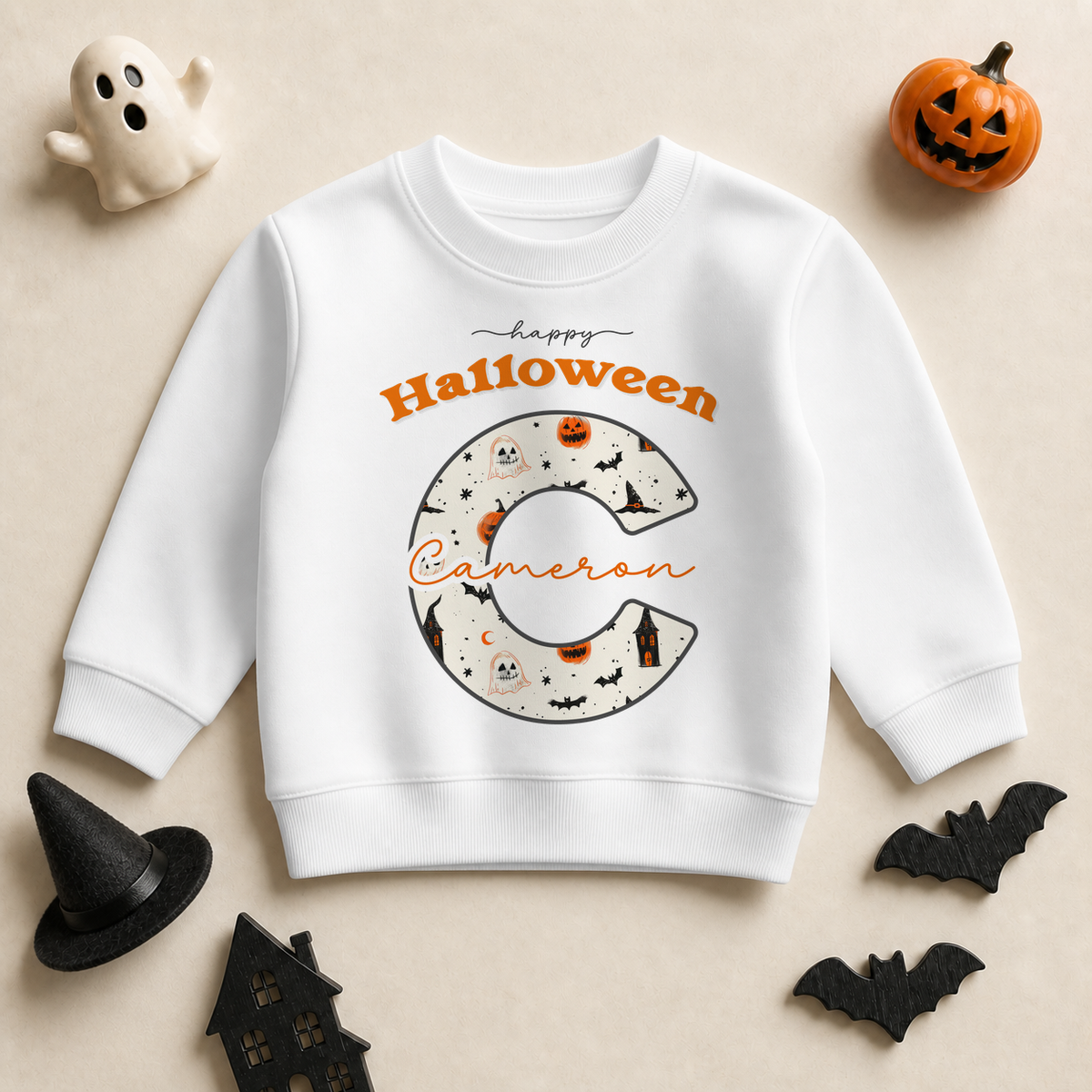 Personalised Halloween Initial Pumpkin Ghost Cat Sweatshirt for Kids