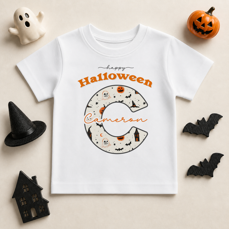 Personalised Initial Letter Halloween Character T-Shirt for Kids