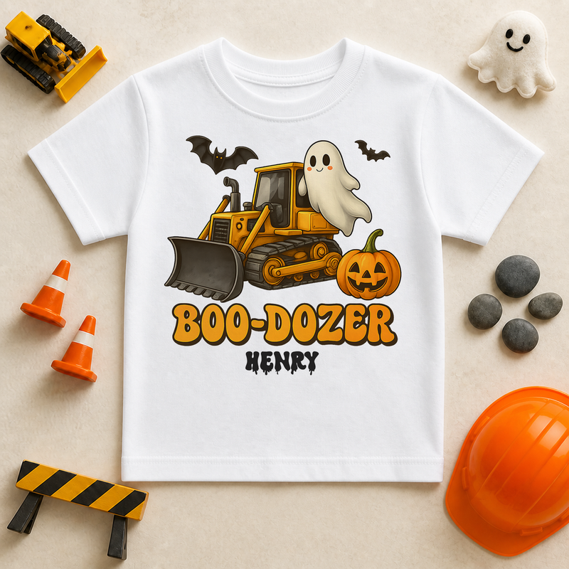 Personalised Bulldozer Halloween Kids T-Shirt for Boys, Boo-Dozer Ghost Driver and Pumpkin