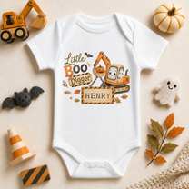 Personalised Digger Baby Vest Bodysuit for Boys, Halloween Little Boo Excavator with Name Sign